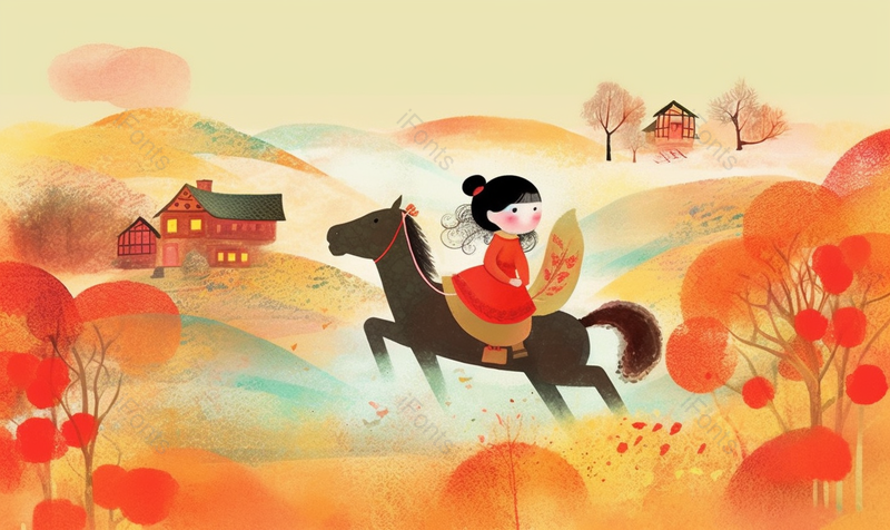 红裙女孩倒坐花木兰卡通骑马飞奔替父从军女孩可爱插画,插画/手绘图,插画/手绘图库,插画/手绘图下载,插画/手绘